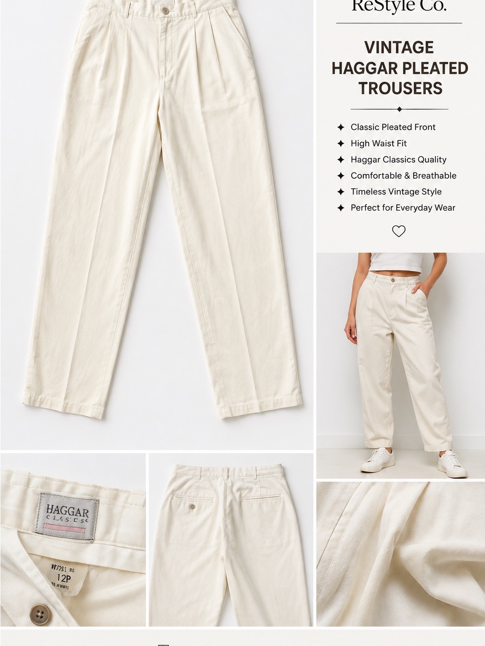 Haggar Cream High-Waist Pleated Trousers